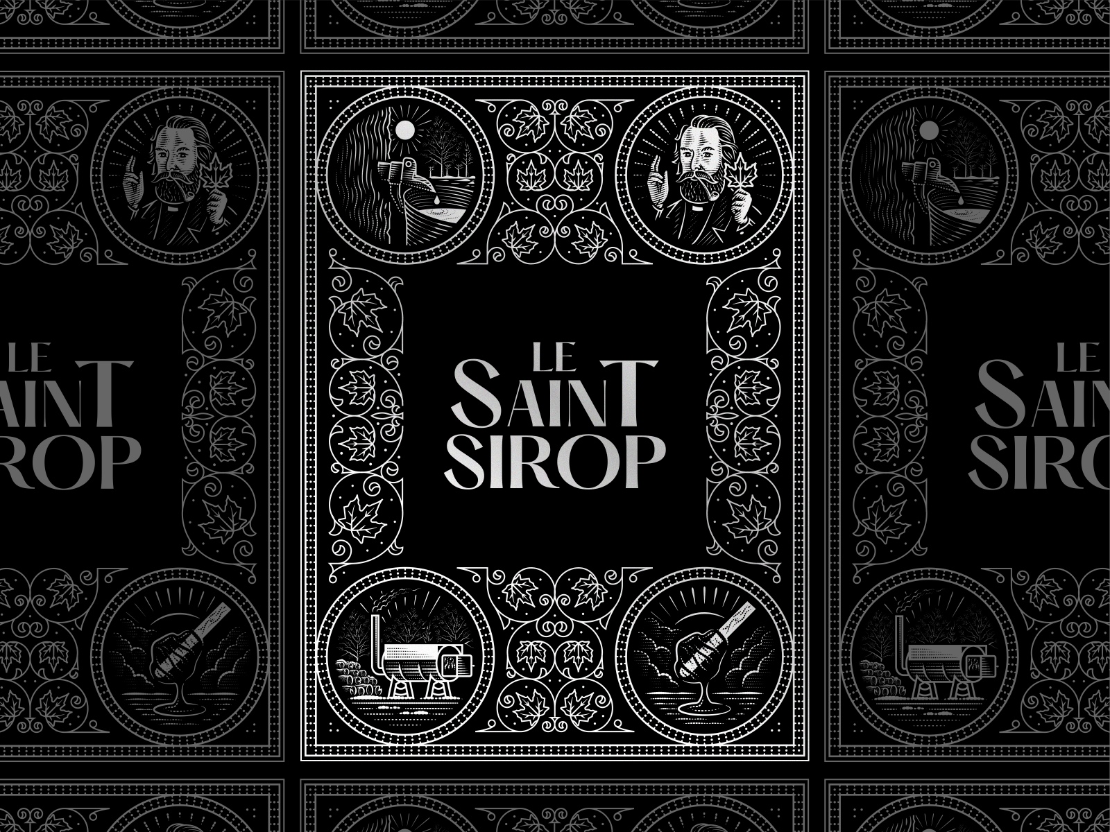 Le Saint Sirop packaging woodcut line art graphic design etching illustrator peter voth design engraving illustration