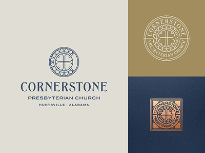 Cornerstone Presbyterian Church badge branding church design engraving illustration logo logo design peter voth design vector