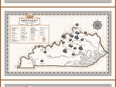 Kentucky Distilleries (Bourbon Map) barrel bourbon design distillery engraving etching illustration kentucky line art map map illustration peter voth design vector whiskey woodcut