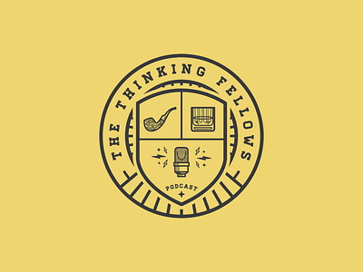 The Thinking Fellows (Badge) II badge bolt glas illustration logo microphone pipe vector vintage whisky