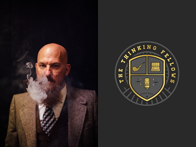The Thinking Fellows (Badge) II Inverted badge christian classy logo microphone pipe podcast vintage whisky