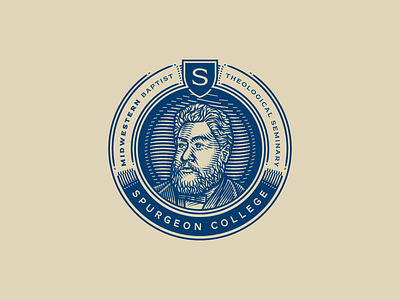 Spurgeon College badge engraving etching icon illustration peter voth design portrait vector
