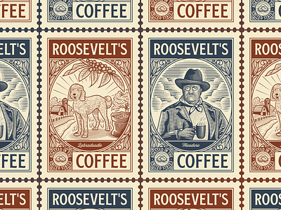 Roosevelt's Coffee badge branding coffee engraving etching graphic design illustration illustrator line art logo logo design peter voth design vector