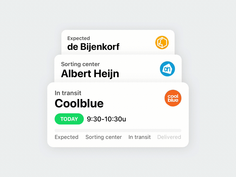 Track and Trace snippet express postal delivery bijenkorf coolblue albert heijn progress bar widget ui card track and trace