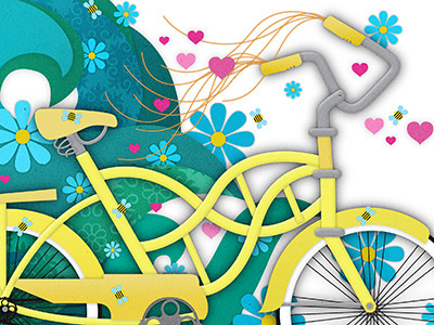 Yellow Bike bees bicycle bike flowers hearts illustration vector