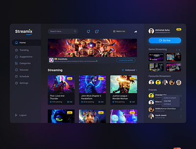 Streamix UI Design concept behance blur background blurry design glass effect glassmorphism livestream neomorphic product design streamer streaming streaming app ui uidesign uiux ux uxdesign video web application webdesign