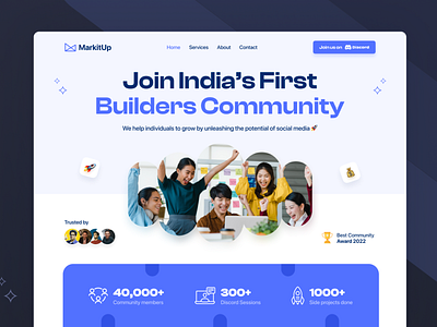 Community Landing page UI Design | MarkitUp clean design community community home page design design landing page minimal design product design trending design in 2022 trendy uidesign uiux uxdesign webdesign website design