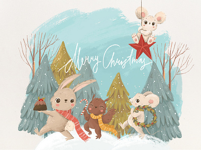 Merry Christmas Card animals book illustration characters childrens childrens book christmas christmas card design illustration winter