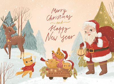 Happy New Year animals cats characters christmas christmas card cute animal cute characters deer illustration merry christmas new year santa santaclaus winter