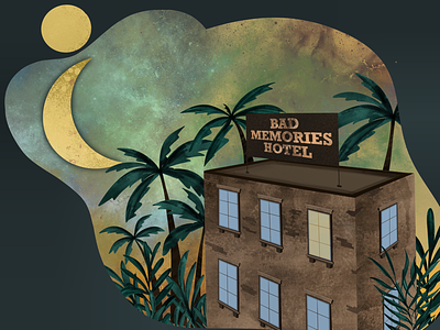 Hotel brick galaxy grunge hotel illustration jungle light moon palm plants procreate text textures windows