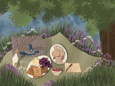 Picnic basket cheese cinnabons croissant flowers glasses grapes grass green knife outdoor picnic scenary strawberry tree wine woods