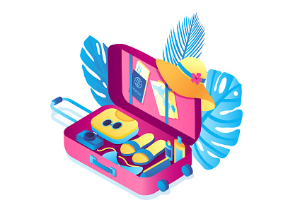 isometric suitcase for travel flight isometric modern pink suitcase tourism travel trip tropical vector