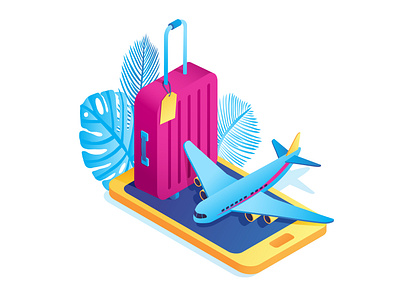 Concept of booking airline tickets online flight isometric modern online pink plane suitcase tickets tourism travel trip tropical vector