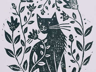 Linocat cat floral folk ink linocut print rustic texture