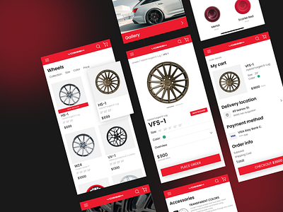 VossenWheels mobile redesign concept auto branding car checkout dailyui100 dashboard ecommerce eshop figma filters list mobileapp productdesign red ui uxui vossen