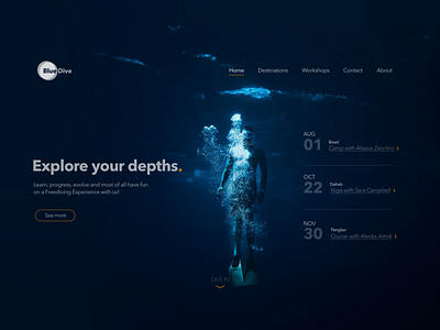 Freediving Homepage blue dark feediving sport ui water web web design