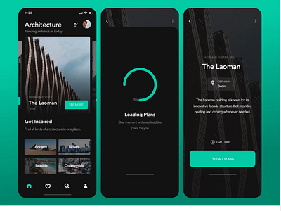 ArchitectureApp Prototype animation app architecture clean ui dark dark ui futuristic mobile neon prototype
