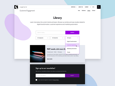 CXE Library (listing page template) capture consultancy customer customer engagement design dropdown filters library list listing page melkweg melkwegdigital newsletter search service sign up submit subscribe template uidesign
