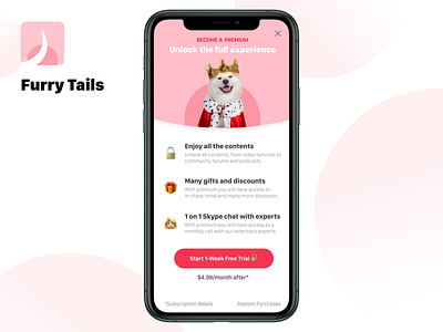 Furry Tails - Paywall app design designflows dog emoji furry inspiration iphone mobile paywall pet pets pink premium price tails ui unlock ux white