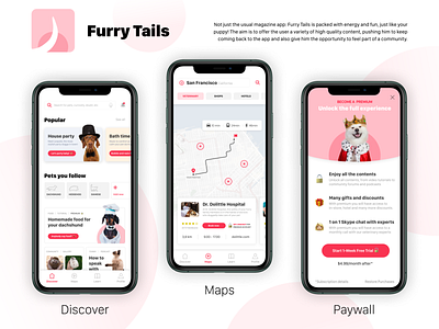 Furry Tails app cat design designflows discover dog furry inspiration iphone maps minimal mobile payment paywall pet pink tails ui ux white