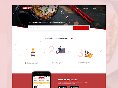 Just Eat Restyle - Home page app delivery food design flat icon just eat minimal red restyle typography ux design web design white