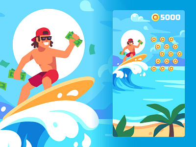 Surfer ad flat design game illustration mobile summer surfer vector