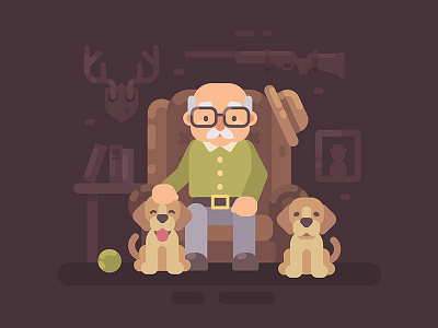 Grandpa cartoon character cute design flat grandfather grandparents hunter illustration man old vector
