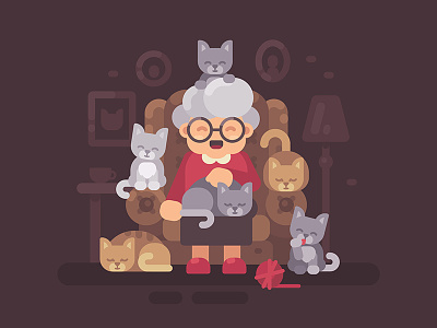 Grandma cartoon cat character design flat grandmother granny illustration lady old vector woman