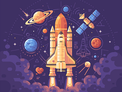 Space exploration design flat illustration launch planet satellite science shuttle space spaceship star vector