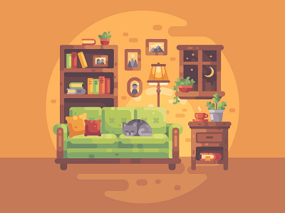 Cozy evening books cat. comfort design flat home illustration interior room vector