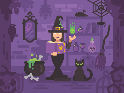 Young witch cartoon cat cauldron character design fantasy flat halloween illustration magic potion spell vector witch witchcraft