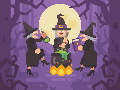 Wicked sisters cartoon character design fantasy flat halloween illustration magic potion ritual vector wicked witch