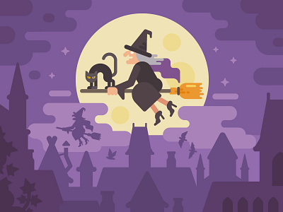 Flying witch broomstick cartoon cate character design fantasy flat halloween illustration vector witch