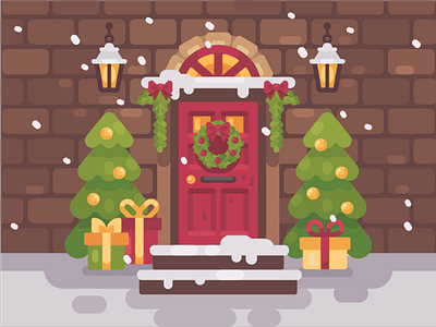 Christmas porch christmas design door flat home illustration present tree vector winter