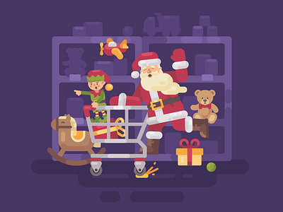 Shopping time character christmas design elf flat illustration new year present santa claus toy vector