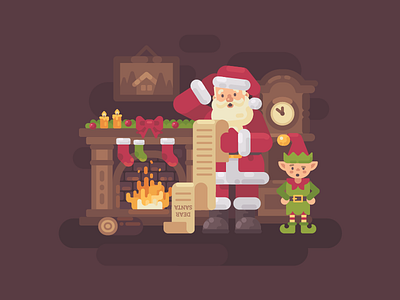 Dear Santa character christmas design elf fireplace flat illustration letter list new year santa claus vector wishlist