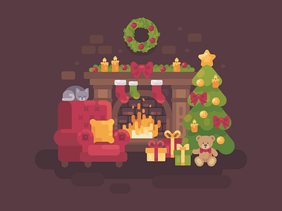 Christmas home christmas desoration fireplace flat design illustration new year present tree vector