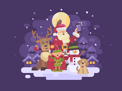 Santa & friends christmas elf flat design holiday illustration new year reindeer santa claus selfie snowman vector