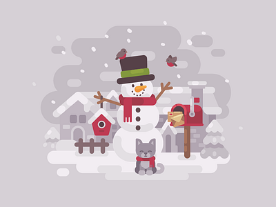 Snowman christmas flat design kitten new year snow snowman vector illustration white winter