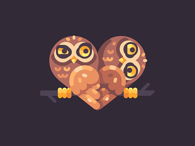 Owls cute flat design funny heart illustration love owl vector