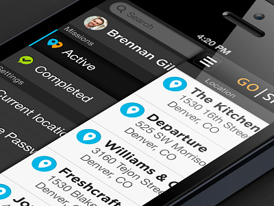 GoSpotCheck iOS Side Menu app application black dark ios iphone menu side menu ui
