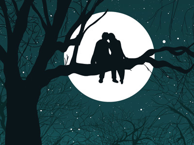 "Sitting, Waiting, Wishing" Poster blue illustration love night poster trees