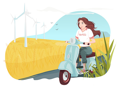 Young girl riding the scooter around countryside adobe illustrator graphic design illustration nature vector vector art vector design vector illustration wheat field young girl
