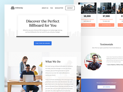 Milkmoney Early Iteration 1 billboard corporate design landing page startup ui ux web website