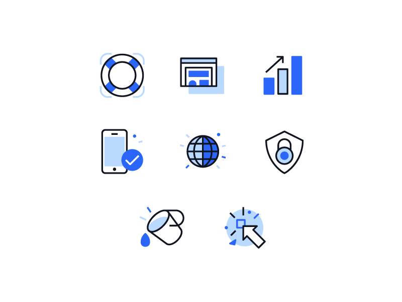 Features Icons install click support website bucket phone graph data marketing illustration icons icon