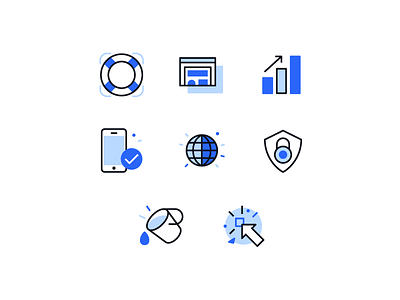 Features Icons bucket click data graph icon icons illustration install marketing phone support website