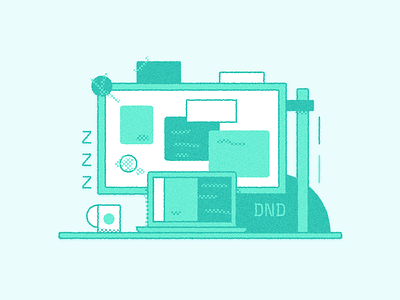 Digital Distractions coffee desk editorial icon illustration laptop monitor setup workspace