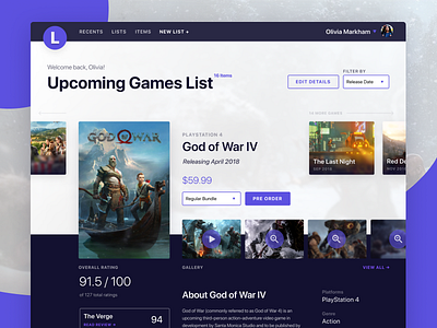 Upcoming Games List branding dashboard gaming god of war product design purple tracking typography ui ux web