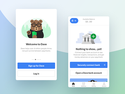 Dave Growth Onboarding Revisions bank banking empty state financial fintech illustration login minimal onboarding product design sign up startup ui ui ux