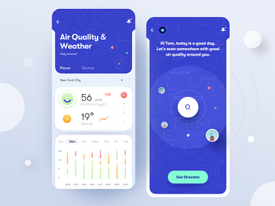 Air Quality & Weather Mobile App Concept air app blue chart clean direction icon location map minimal mobile product design scan search ui ui design ux ux design weather weather app